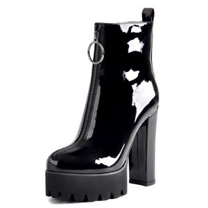 Black Leather Platform Chunky Heel Boot